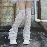 1 Pair Women’s White Lace Leg Warmers with Ruffled Edge & Floral Pattern – Sheer Butterfly Mesh Over Knee Socks, Delicate Polyester Boot Covers for Casual Style - KawaSocks